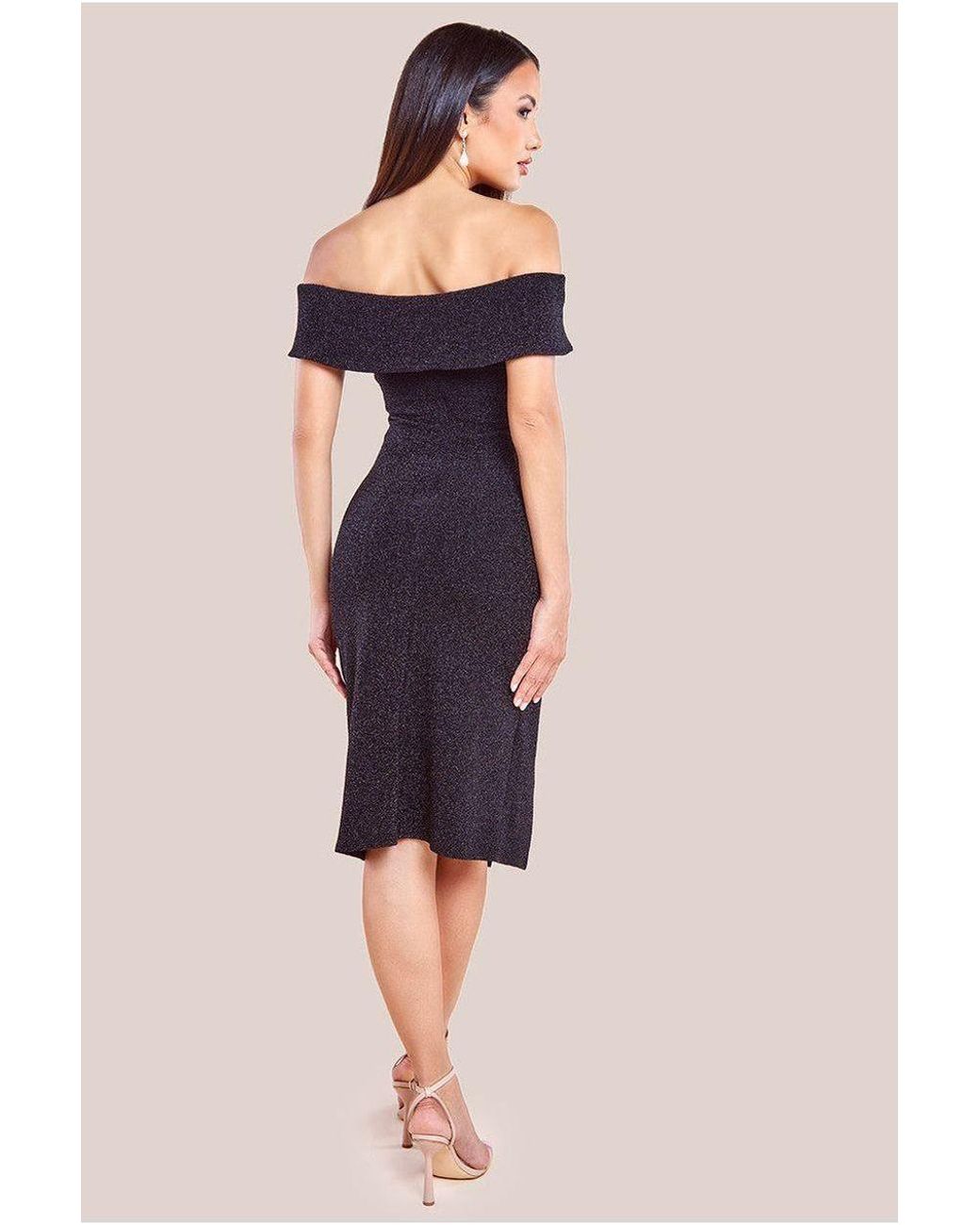 Goddiva Blue Sparkling Bardot Midi With Waterfall Ruffle