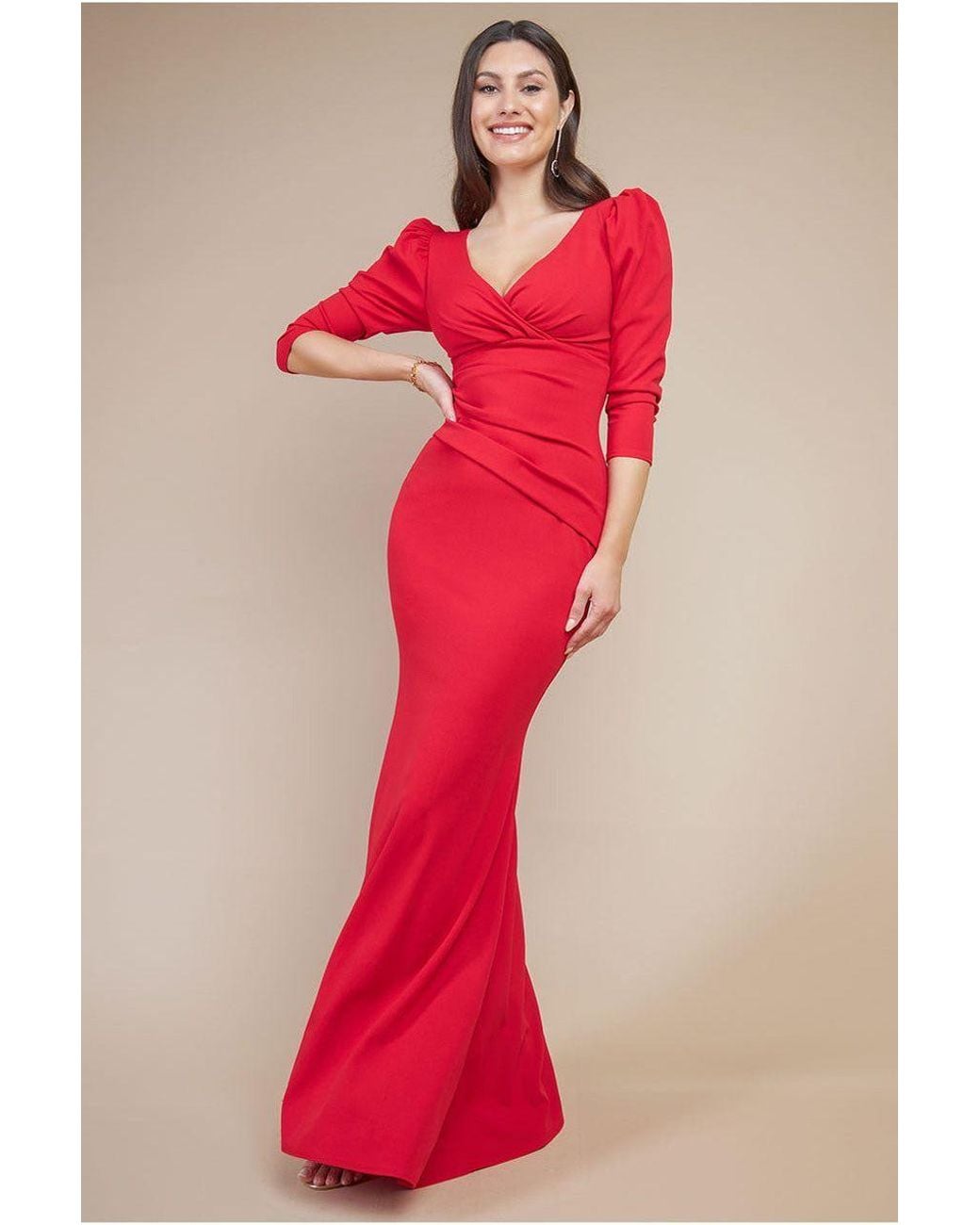 Goddiva Red Front Wrap Pleated Scuba Maxi Dress