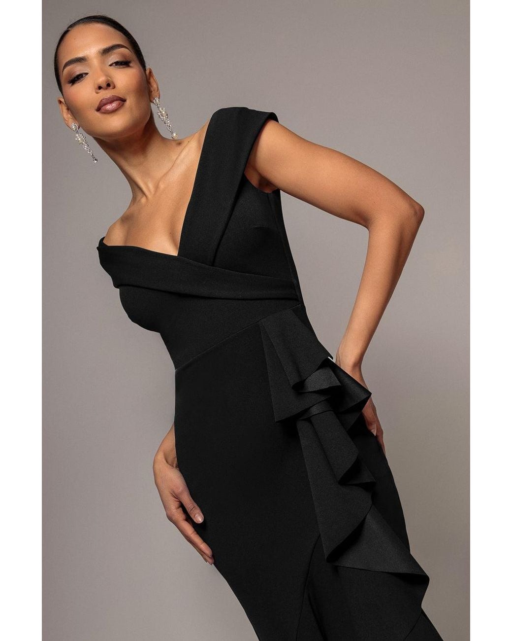Goddiva Black Off Shoulder Front Waterfall Frill Maxi Dress