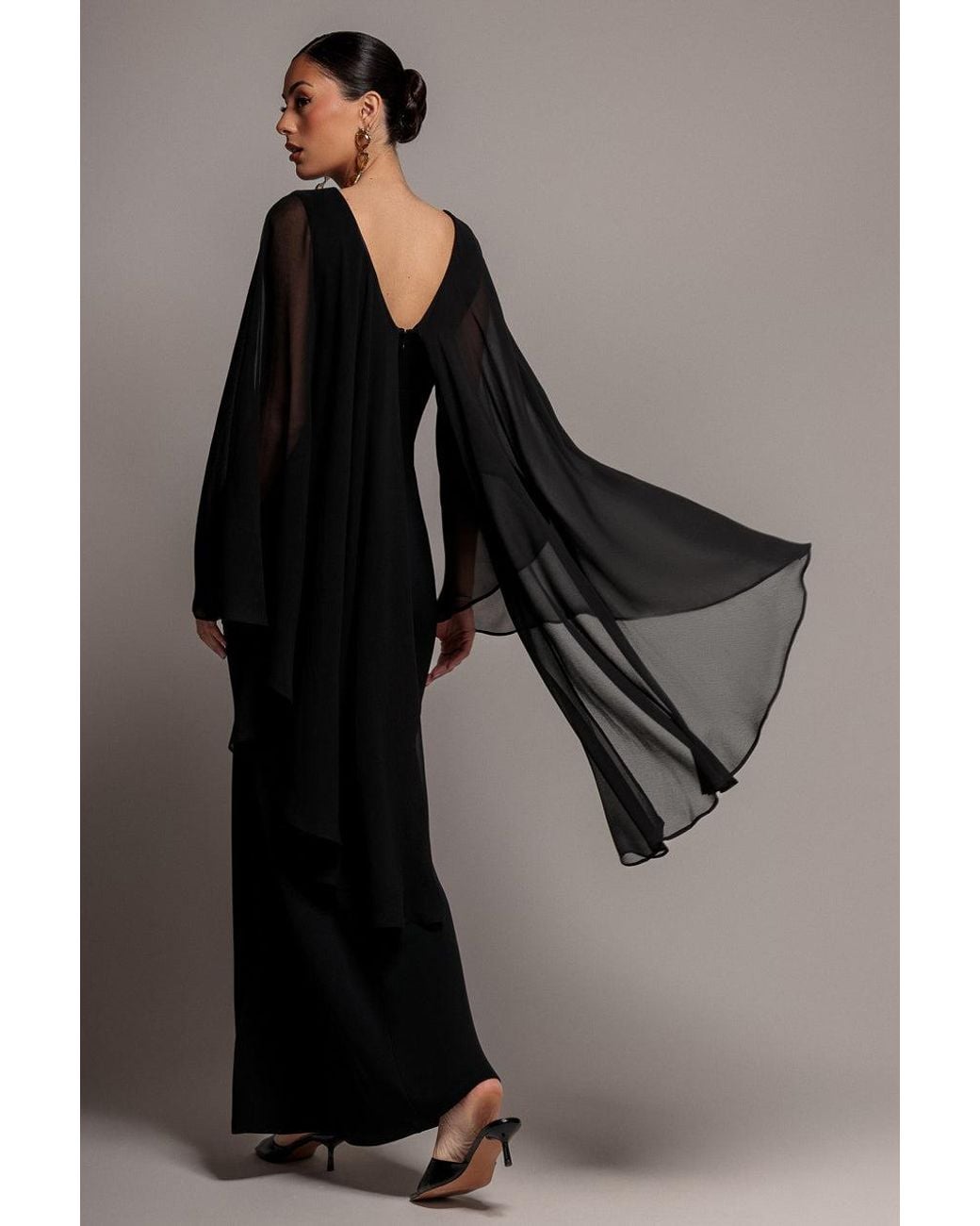 Goddiva Black Cape Sleeve Chiffon And Scuba Crepe Maxi Dress