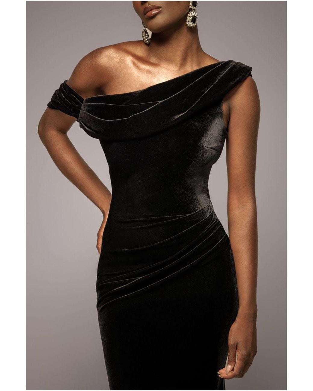 Goddiva Black Cowl One Shoulder Velvet Maxi Dress