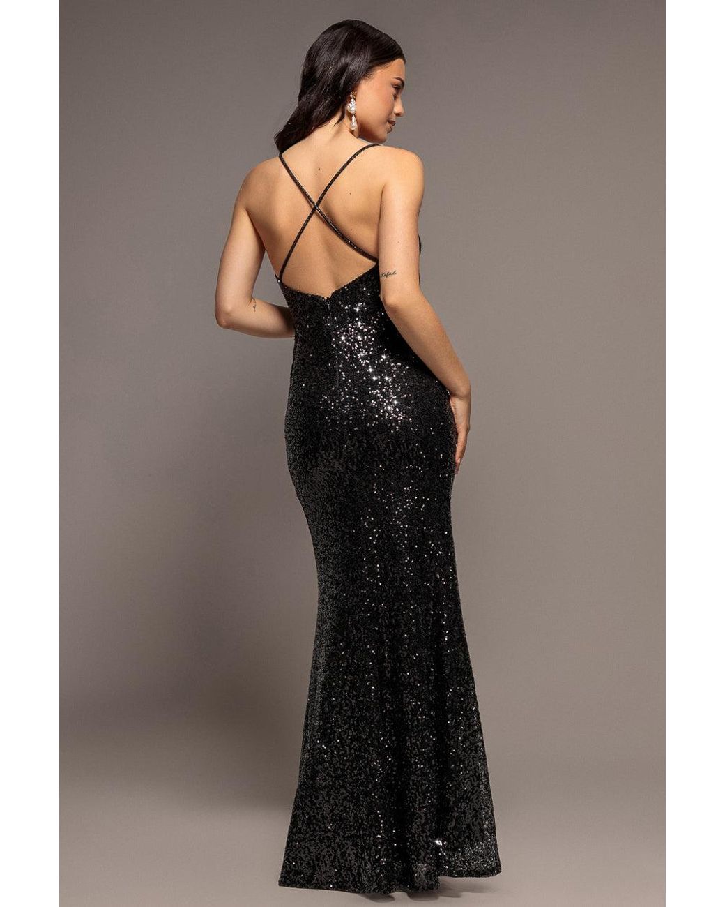 Goddiva Blue Plunge Cowl Criss Cross Back Sequin Maxi Dress