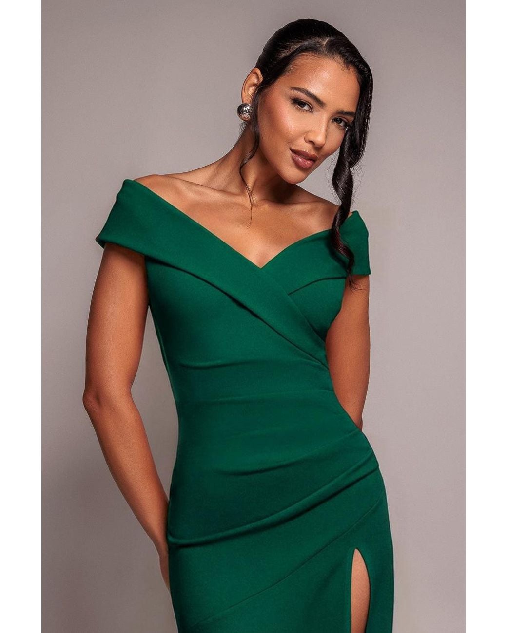 Goddiva Green Scuba Crepe Off Shoulder Front Split Maxi Dress