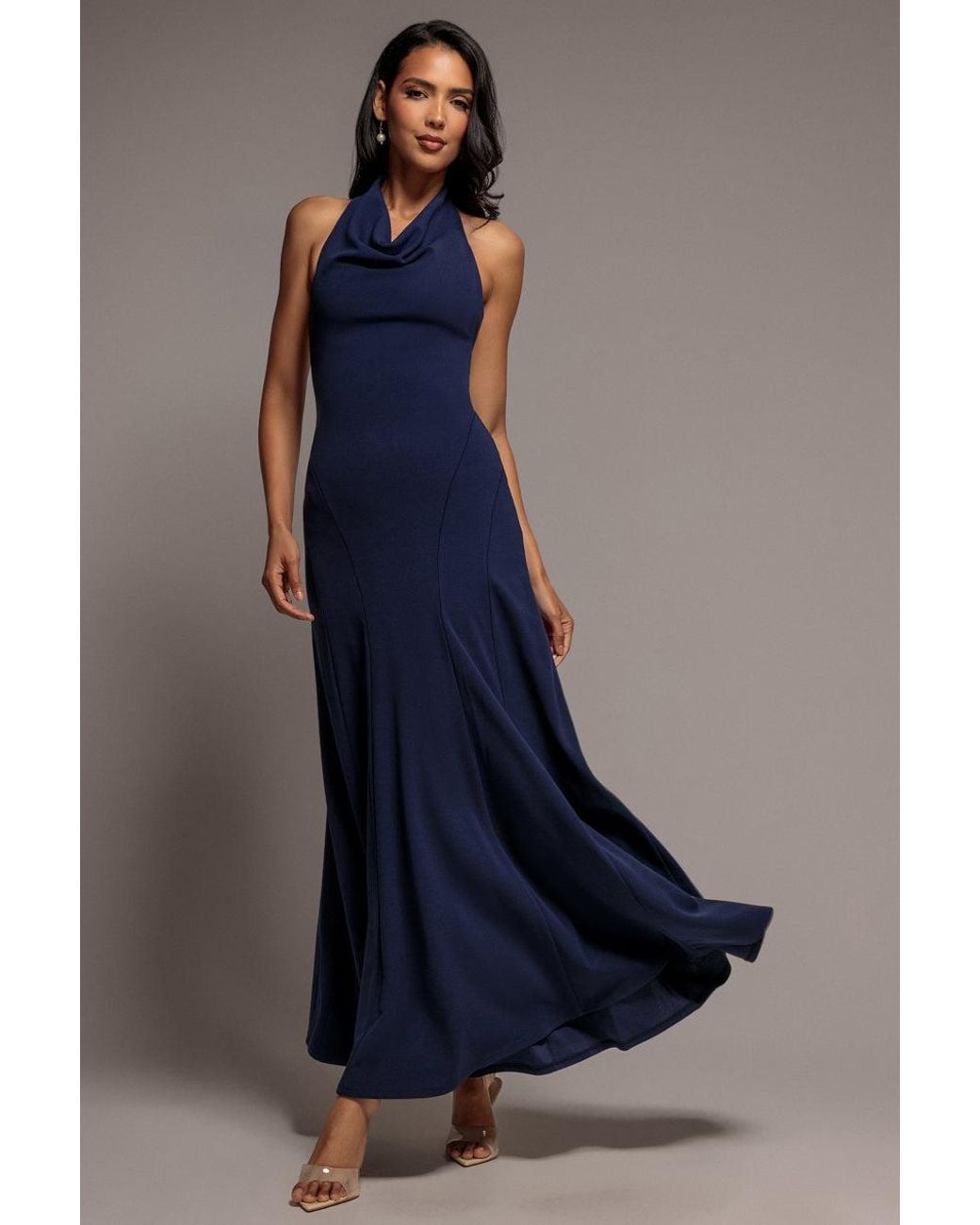 Goddiva Blue Halterneck Cowl Neck Backless Scuba Crepe Maxi Dress