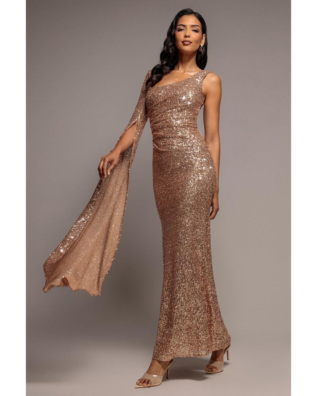 Goddiva Brown One Side Cape Sleeve Sequin Maxi Dress