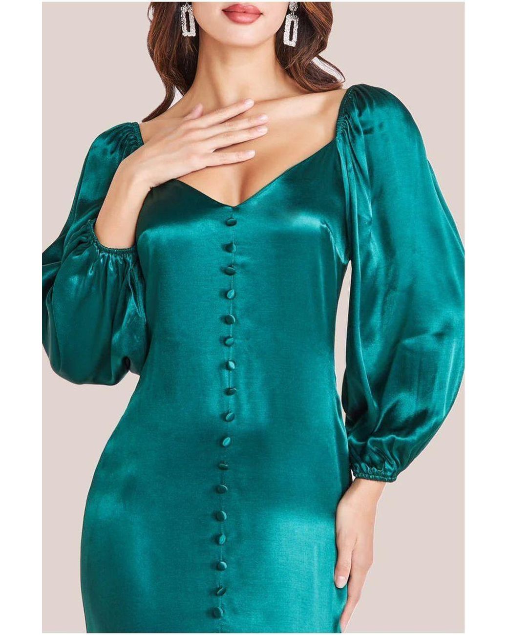 Goddiva Green Satin Viscose Front Buttoned Dipped Hem