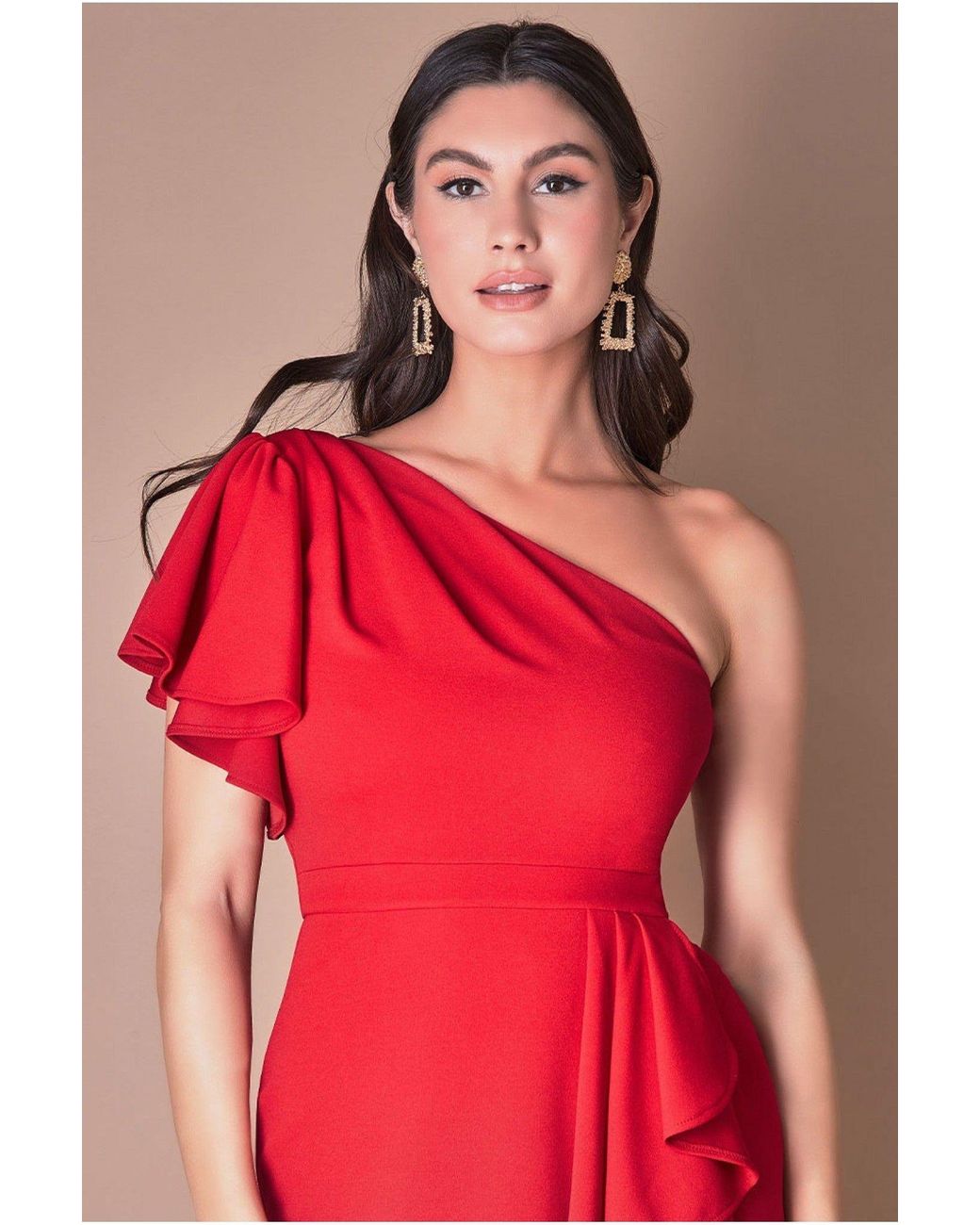Goddiva Red Waterfall Sleeve Wrap Midi Dress