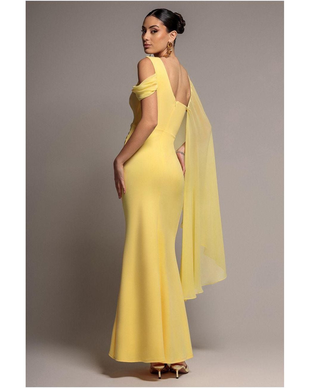 Goddiva Multicolor One Shoulder Chiffon Cape Crepe Maxi Dress