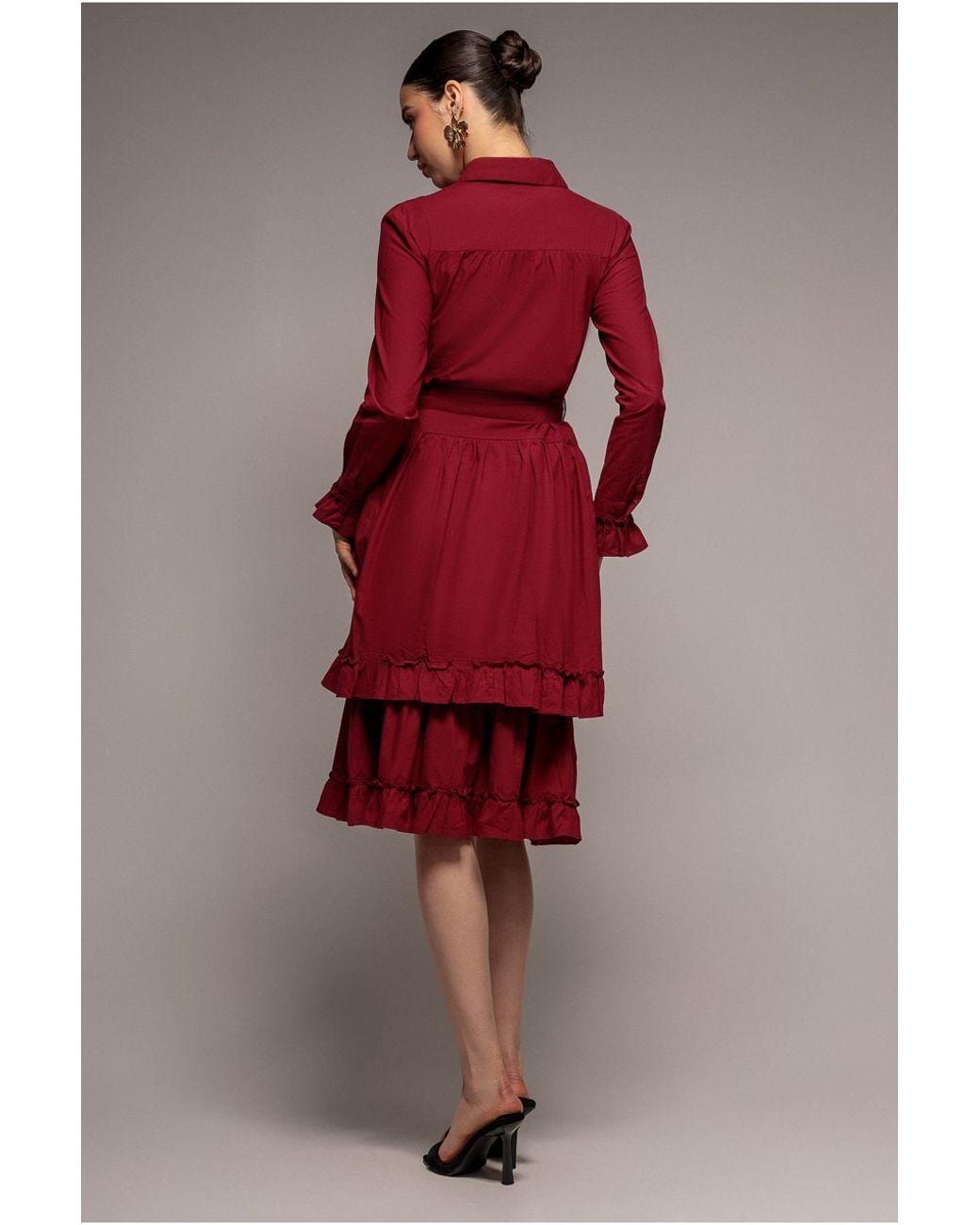 Goddiva Tiered Shirt Belted Long Sleeve Midi Dress