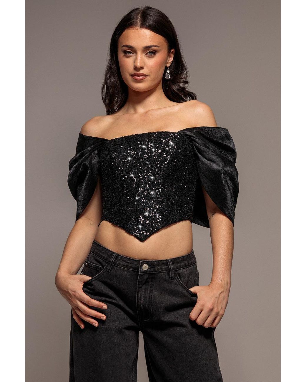 Goddiva Black Off Shoulder Corset Top With Back Satin Bow