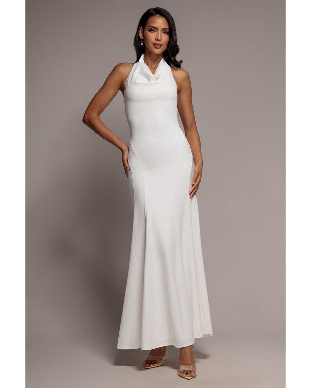 Goddiva Gray Halterneck Cowl Neck Backless Scuba Crepe Maxi Dress