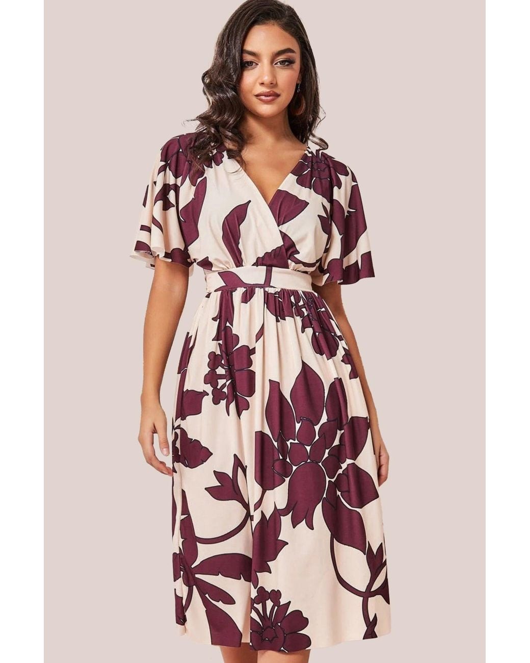 Goddiva Pink Leaf Print Flutter Sleeve Midi