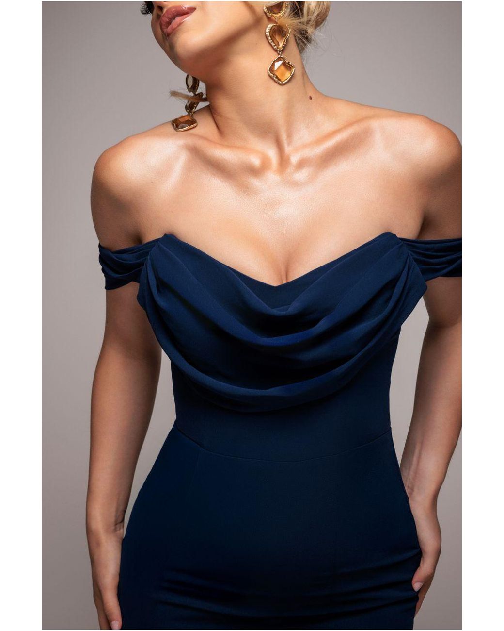 Goddiva Blue Chiffon Bardot Cowl Neck Maxi Dress