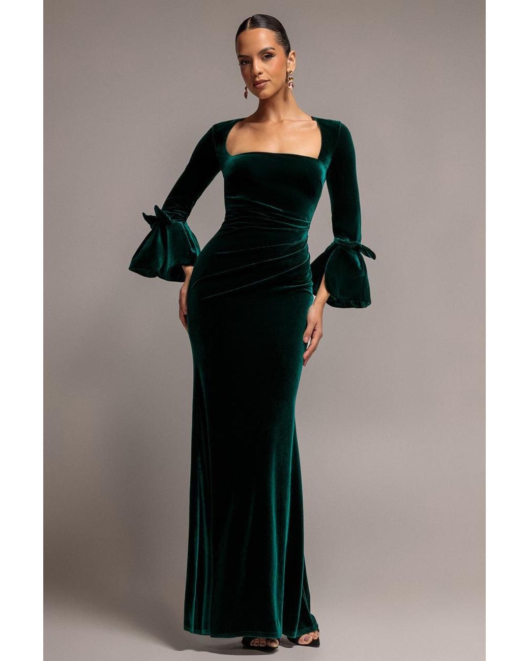 Goddiva Black Petal Bow Sleeve Frill Velvet Maxi Dress