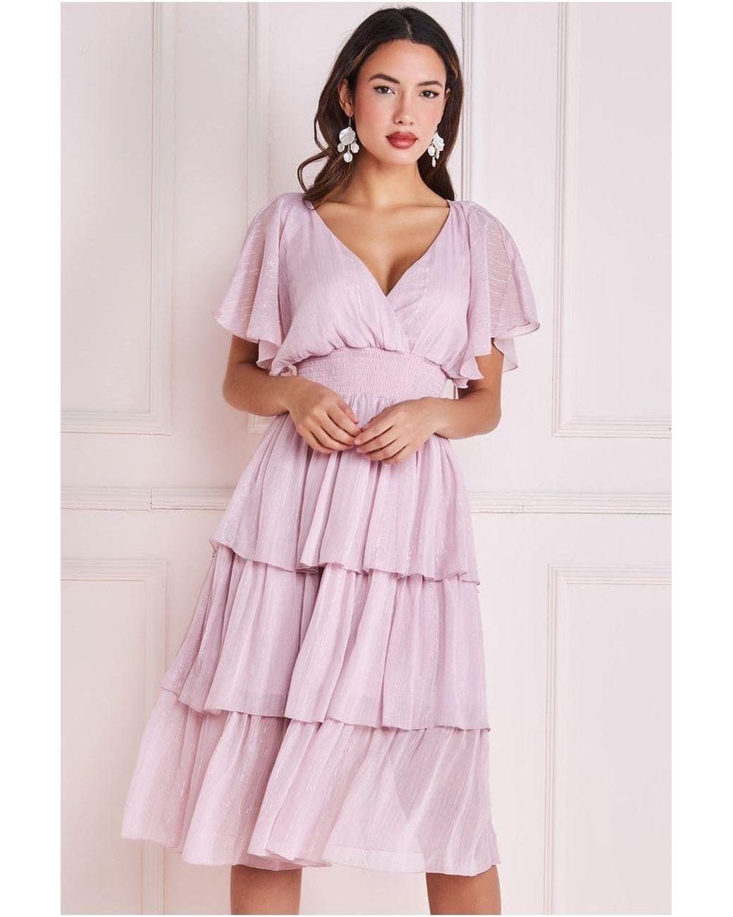 Goddiva Pink Plain Lurex Chiffon Tiered Dress