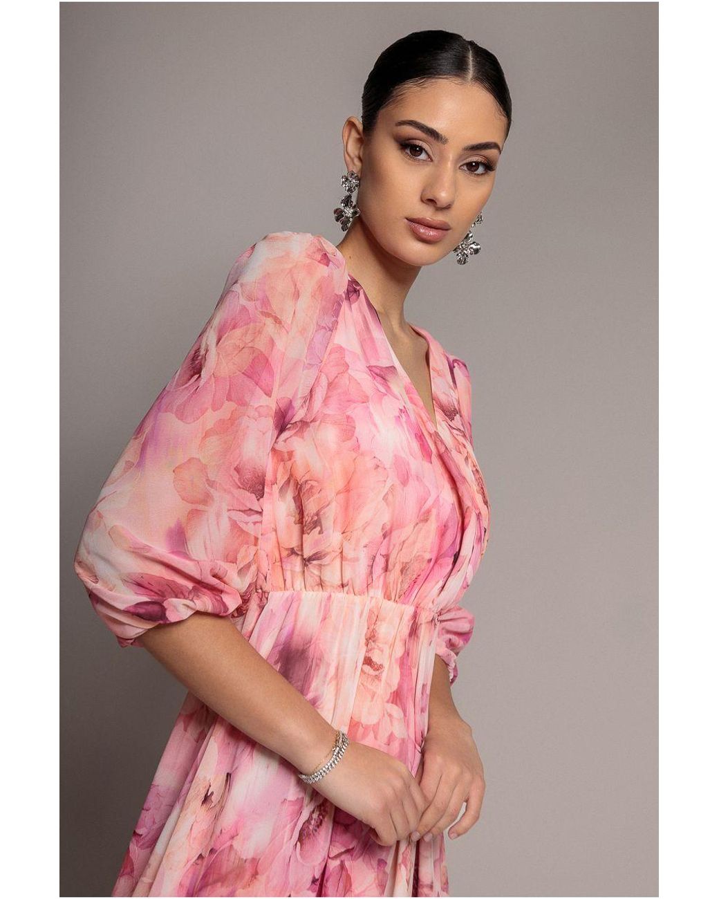 Goddiva Pink Floral Print Wrap A Line Midi Dress