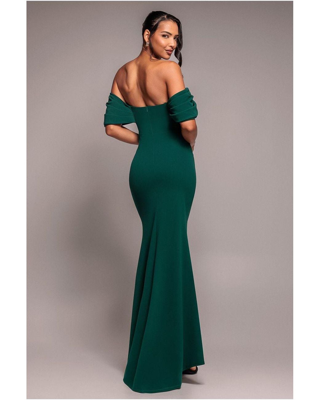 Goddiva Green Off The Shoulder Draped Sleeve Maxi Dress