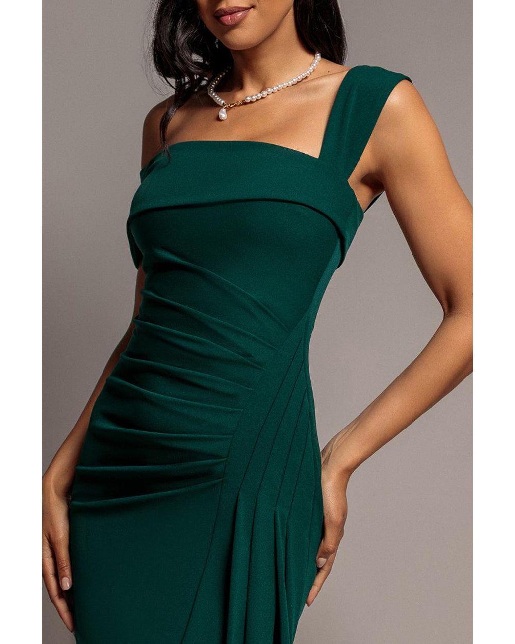 Goddiva Green Off Shoulder Pleated Waist Asymmetric Midaxi Dress