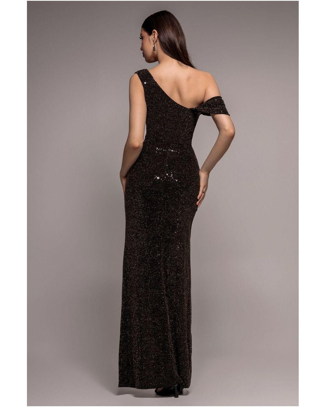 Goddiva Brown Cowl Neck Sequin Glitter Draped Maxi Dress