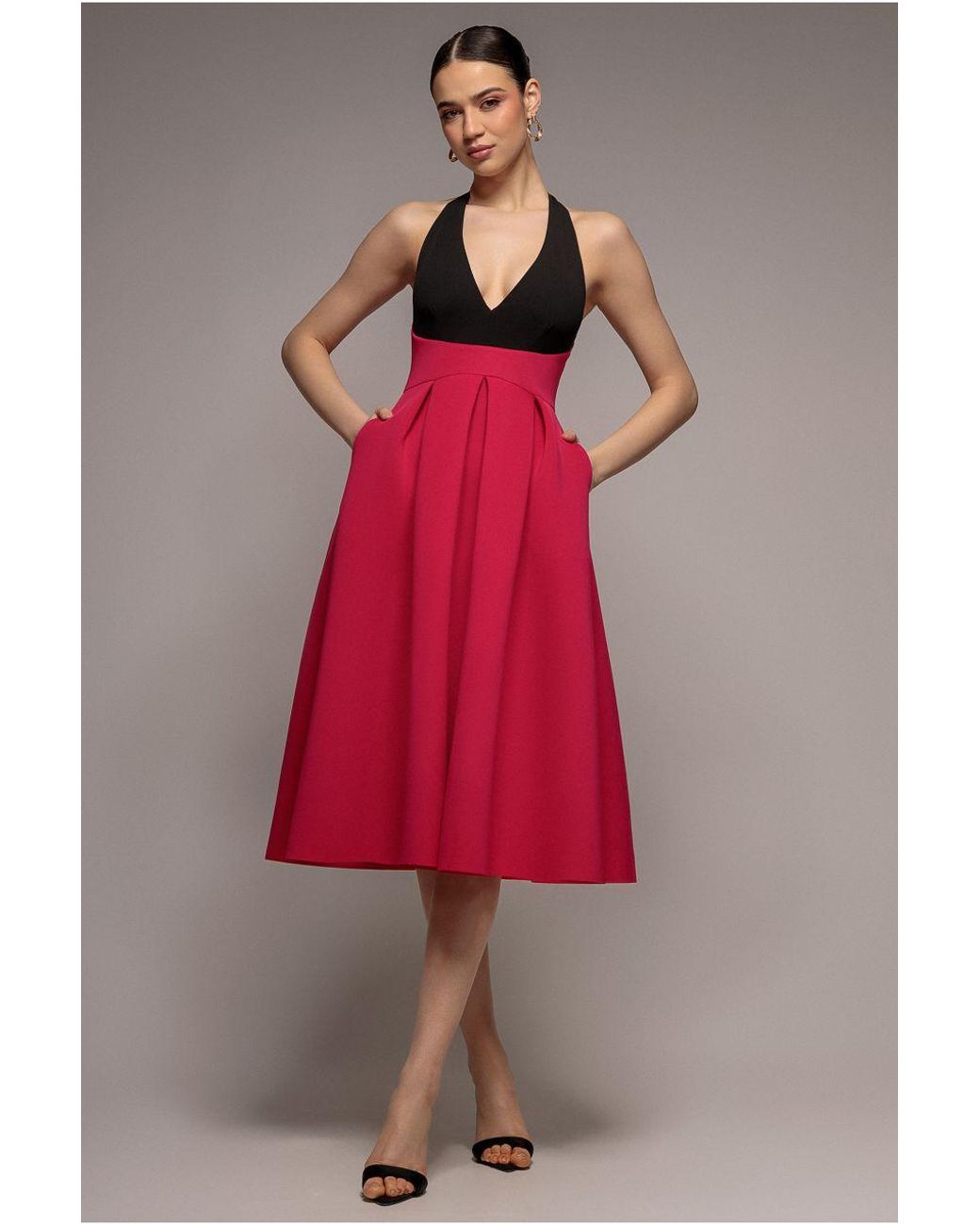 Goddiva Pink Contrast Halter Neck Pleated A-Line Midaxi Dress