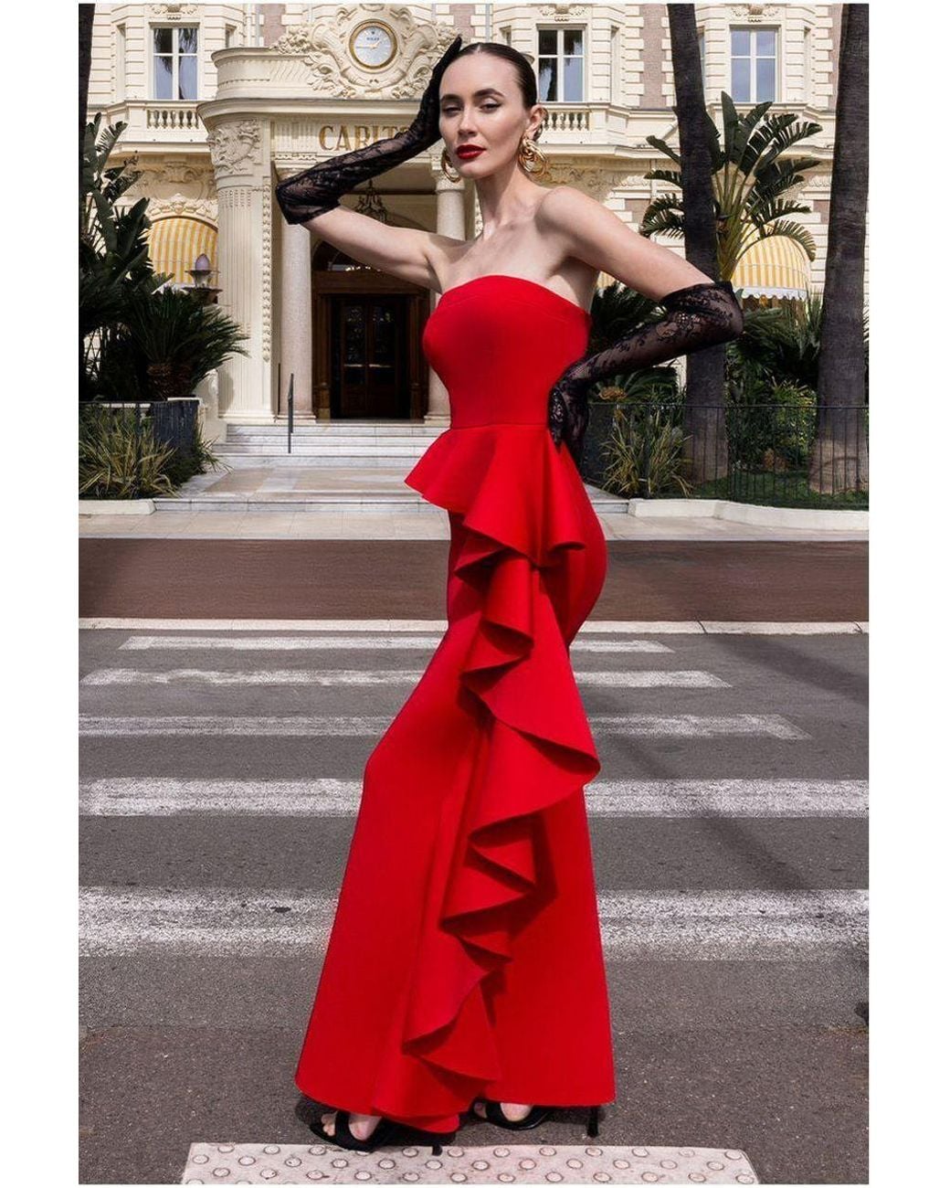 Goddiva Red Boobtube Peplum Waterfall Frill Maxi Dress