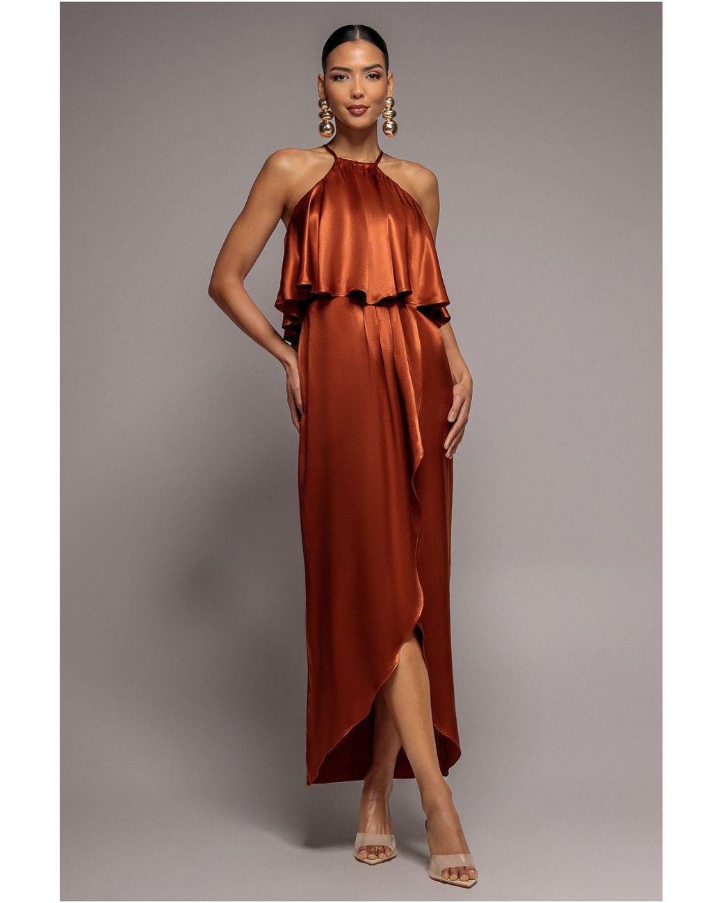 Goddiva Red Satin Viscose Front Wrap Midi