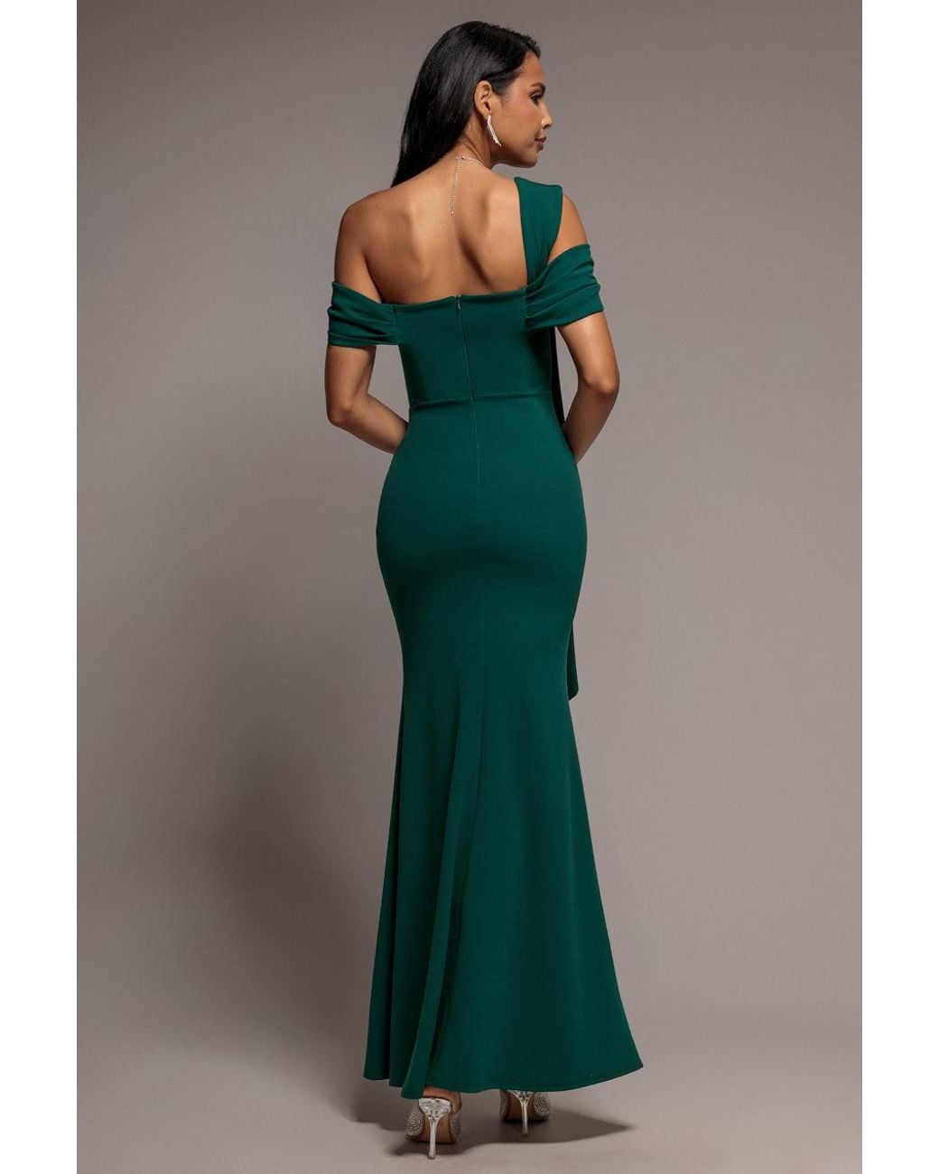 Goddiva Green One Shoulder Twisted Bardot Asymmetric Mermaid Maxi Dress