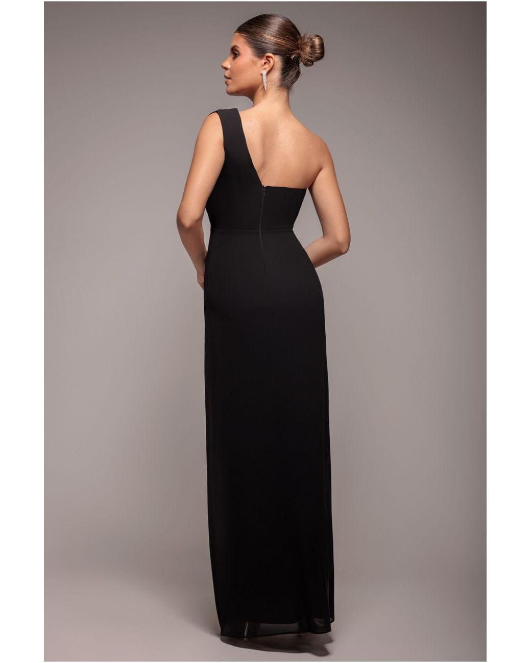 Goddiva Black One Shoulder Diamante Chiffon Evening Maxi Dress