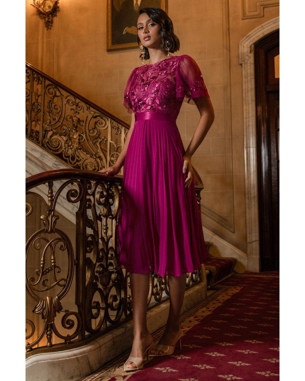 Goddiva Pink Embroidered Top Chiffon Pleated Midi
