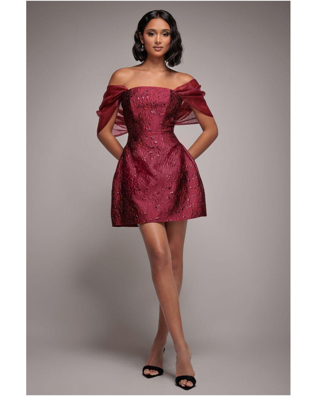 Goddiva Brown Lace Up Jacquard Mini Dress With Organza Wings