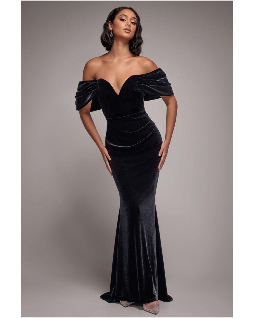 Goddiva Off The Shoulder Deep Plunge Velvet Maxi Dress in Black | Lyst