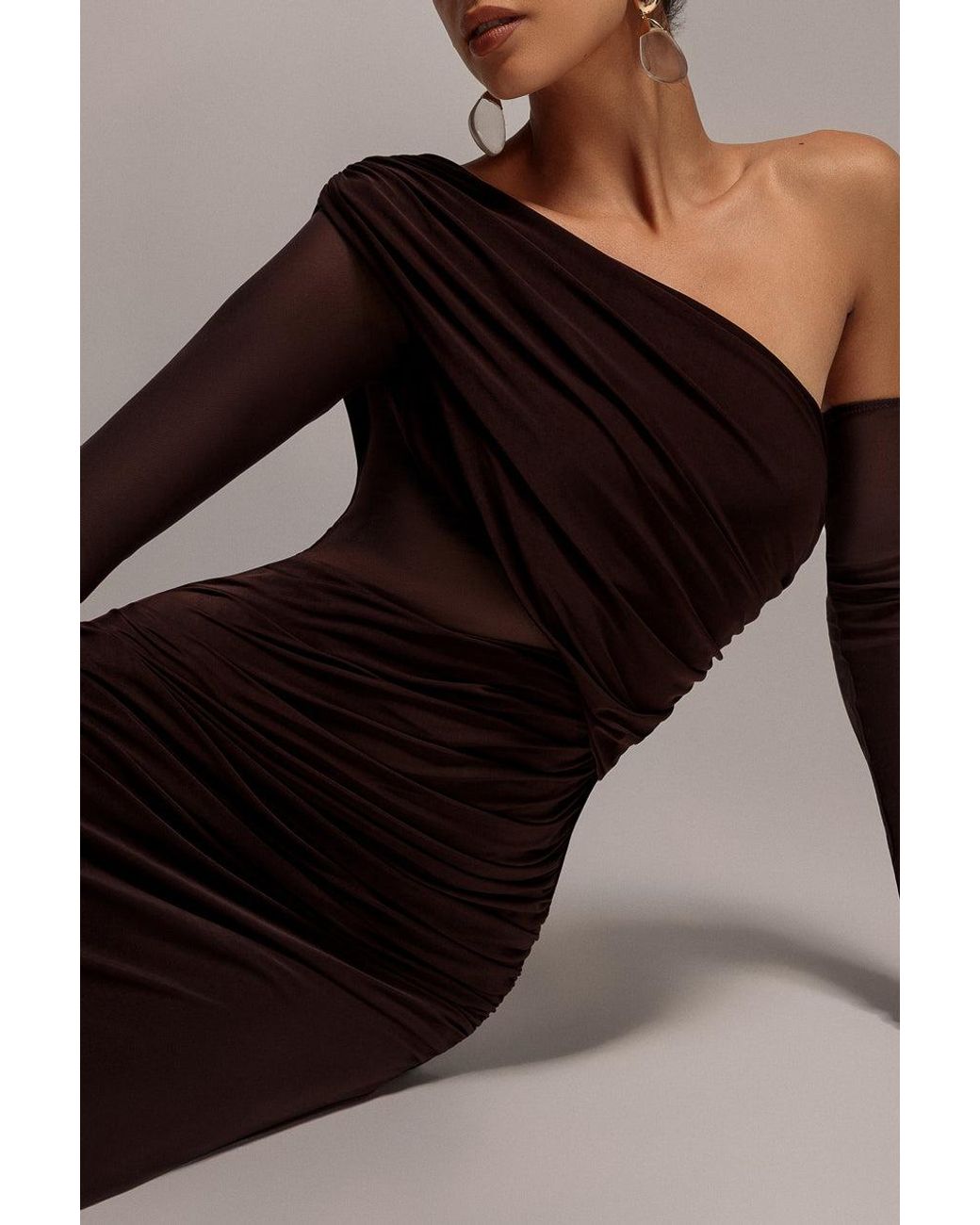 Goddiva Brown Gathered Cowl Asymmetric Mesh And Soft Touch Maxi Dress