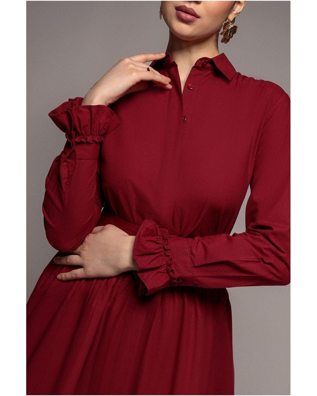 Goddiva Tiered Shirt Belted Long Sleeve Midi Dress