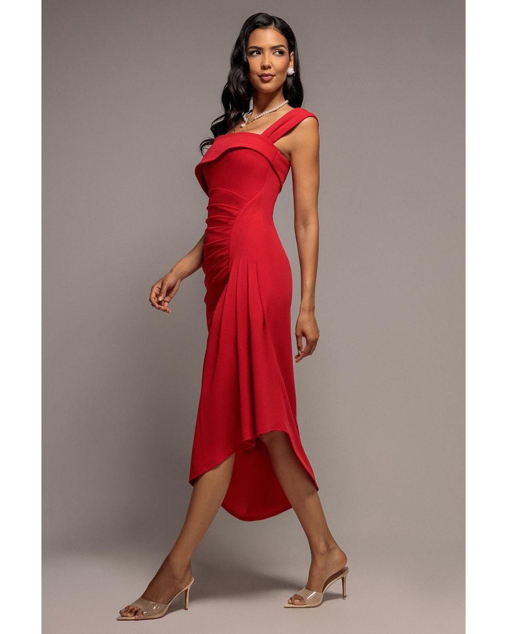 Goddiva Red Off Shoulder Pleated Waist Asymmetric Midaxi Dress
