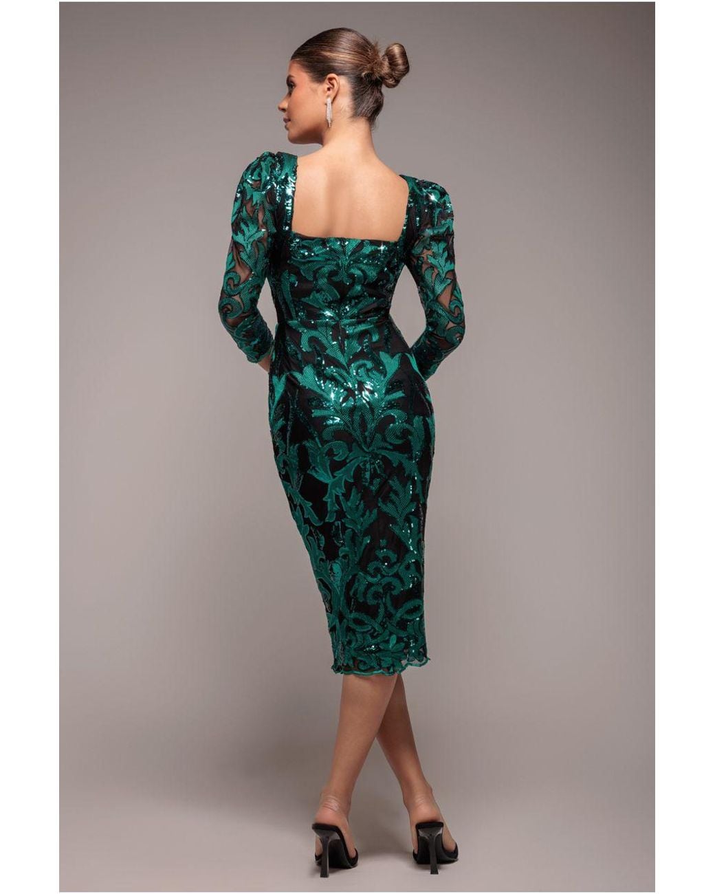 Goddiva Blue Square Neck Scalloped Embroidered Sequin Midi Dress