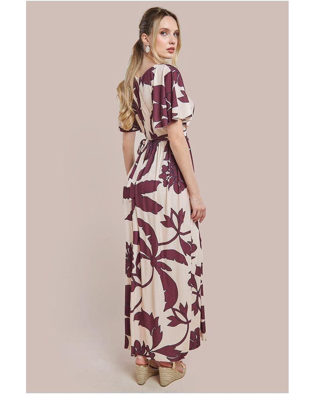Goddiva Pink Leaf Print Flutter Sleeve Maxi Dress