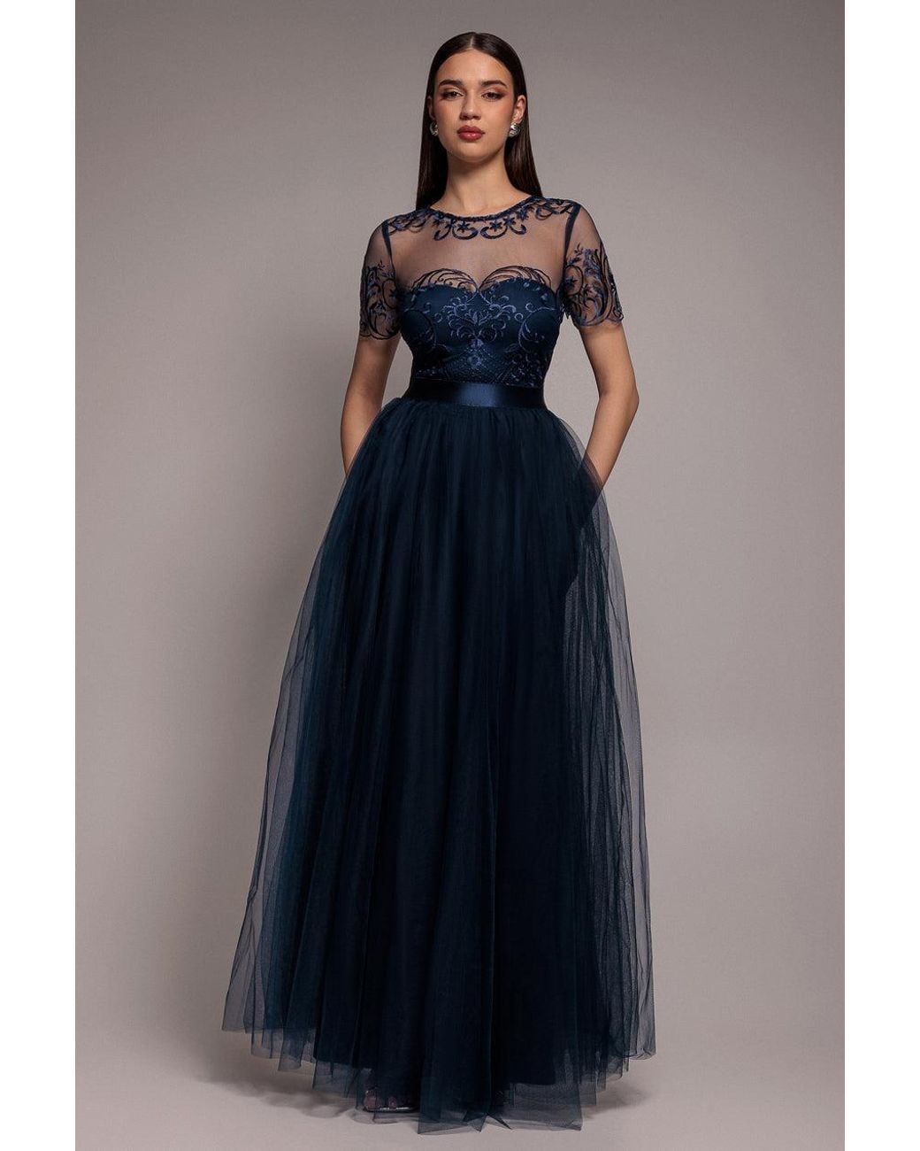 Goddiva Blue Embroidered Mesh Maxi Dress