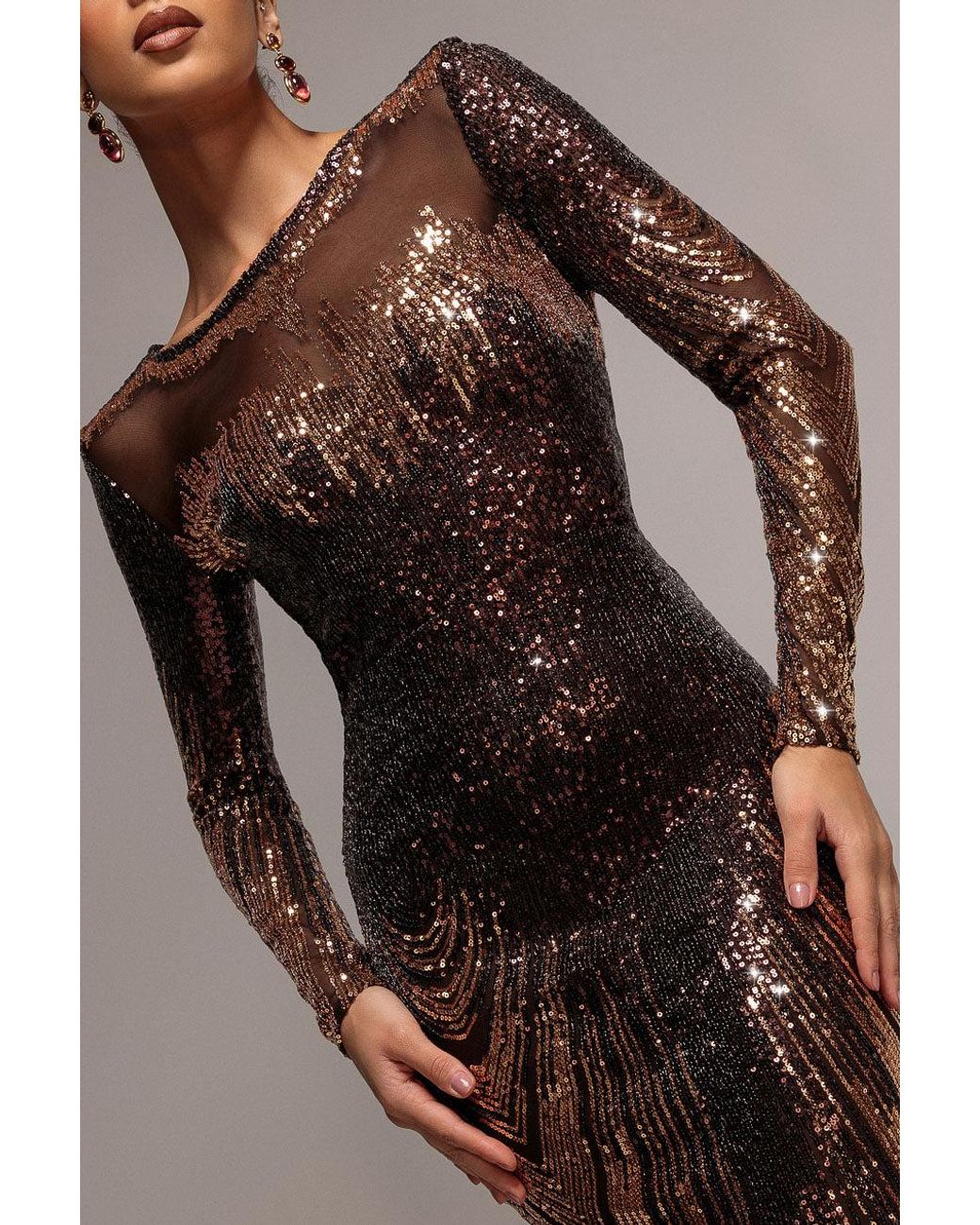 Goddiva Brown Long Sleeve Aztec Sequin Maxi Dress