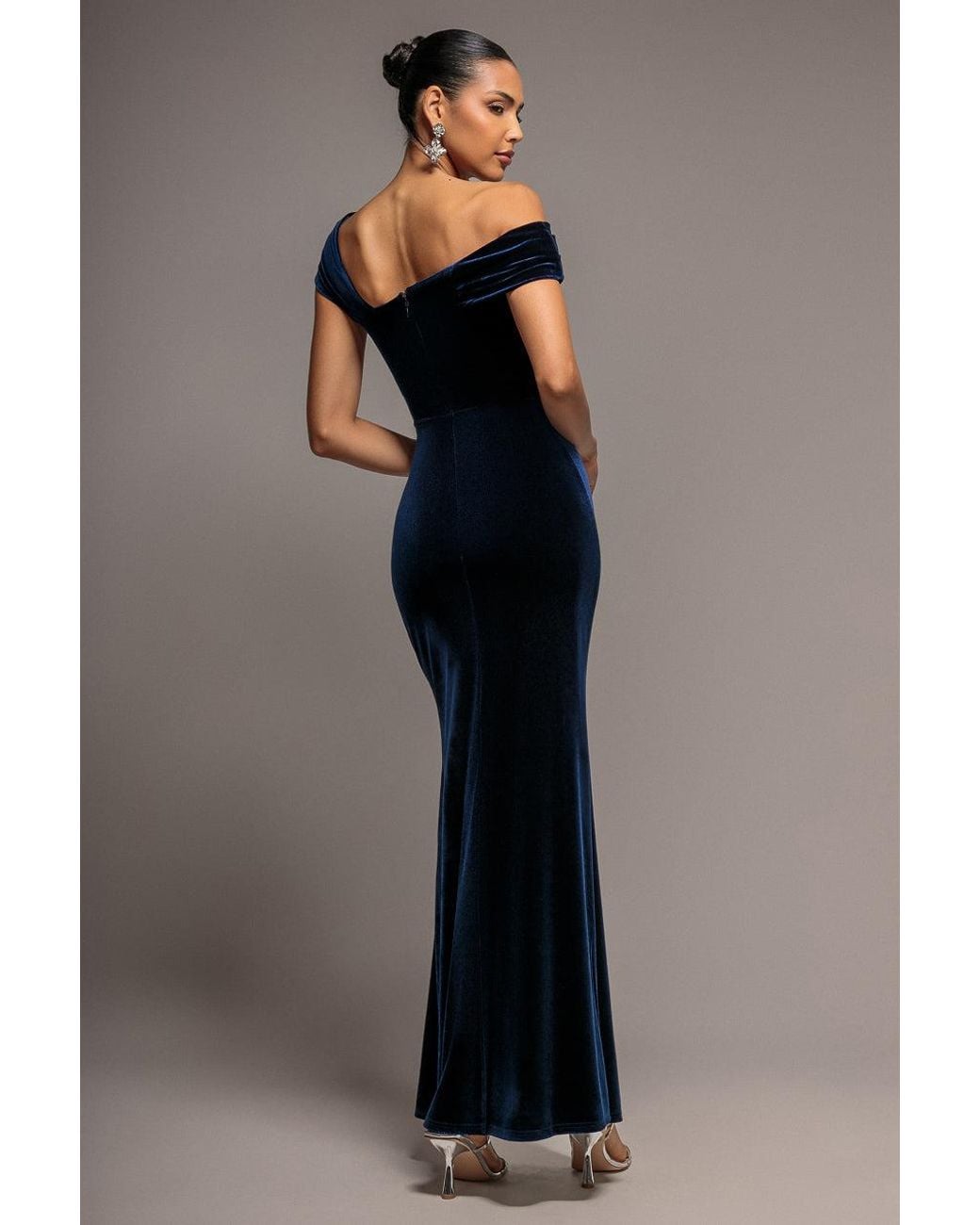 Goddiva Blue One Shoulder Velvet Maxi Dress