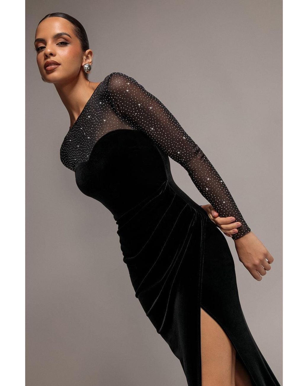 Goddiva Black Diamante Sleeves Illusion Neck Front Wrap Velvet Maxi Dress