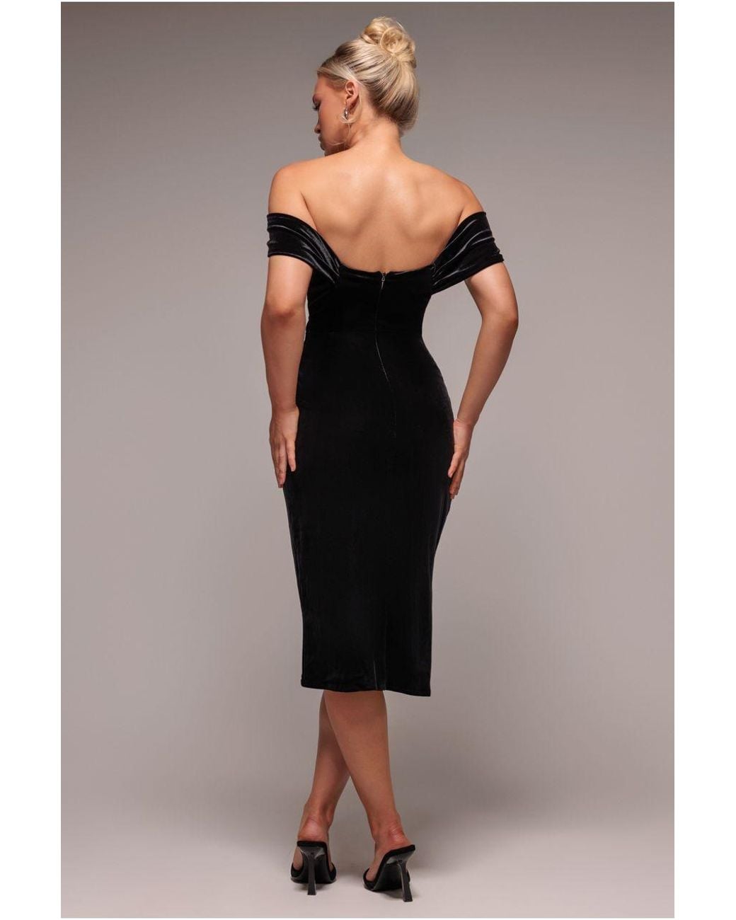 Goddiva Black Draped Shoulder Velvet Corset Midi