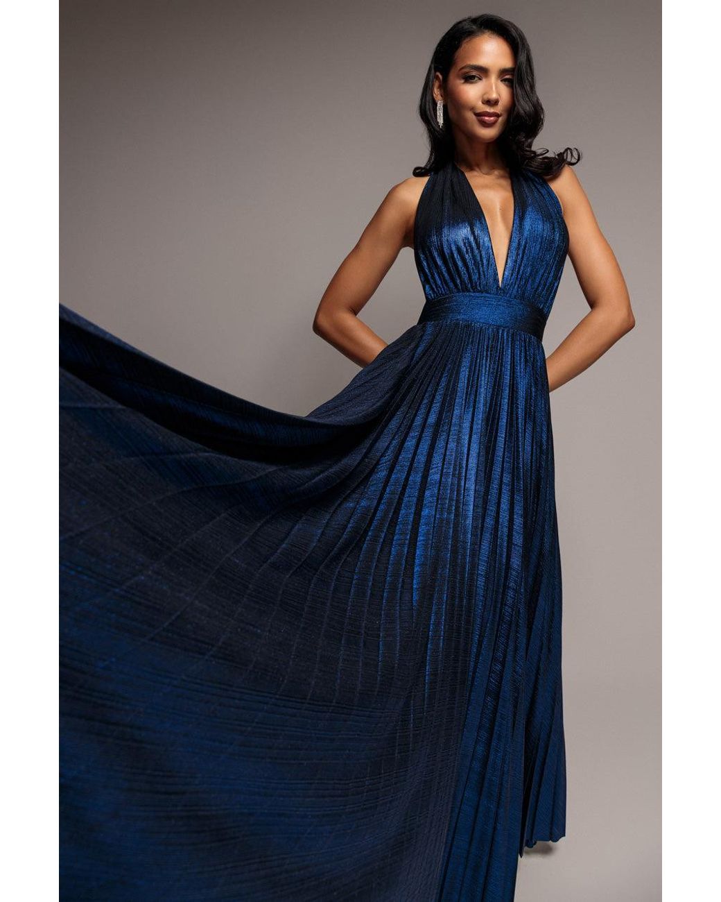 Goddiva Blue Open Back Sunrise Foil Halterneck A Line Maxi Dress