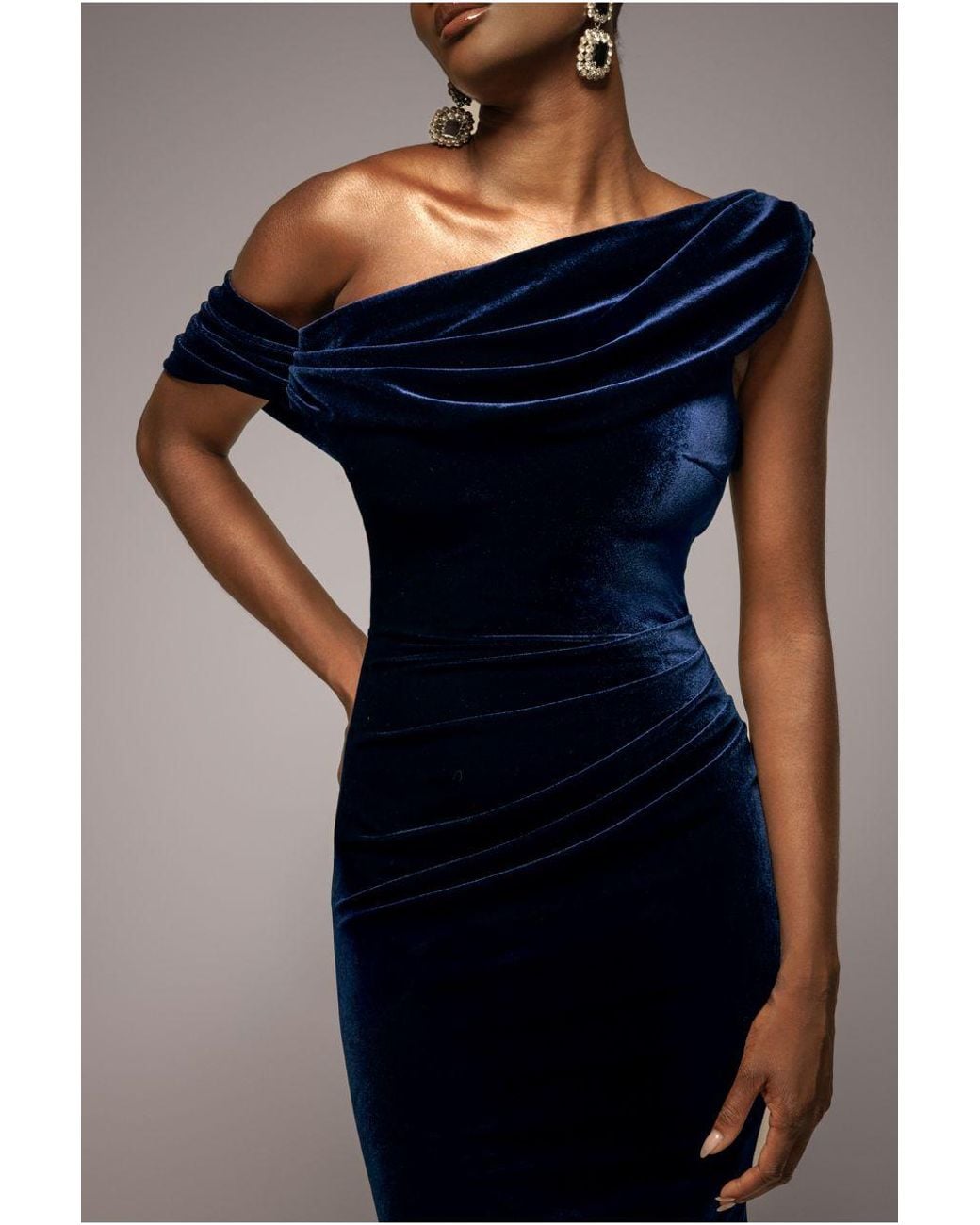 Goddiva Blue Cowl One Shoulder Velvet Maxi Dress