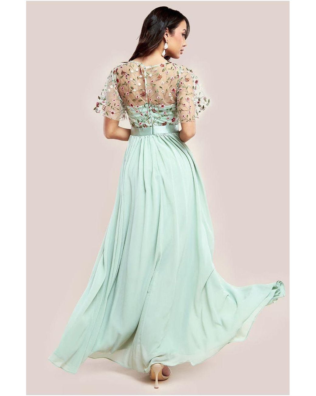 Goddiva Green Embroidered Top Flutter Sleeve Maxi