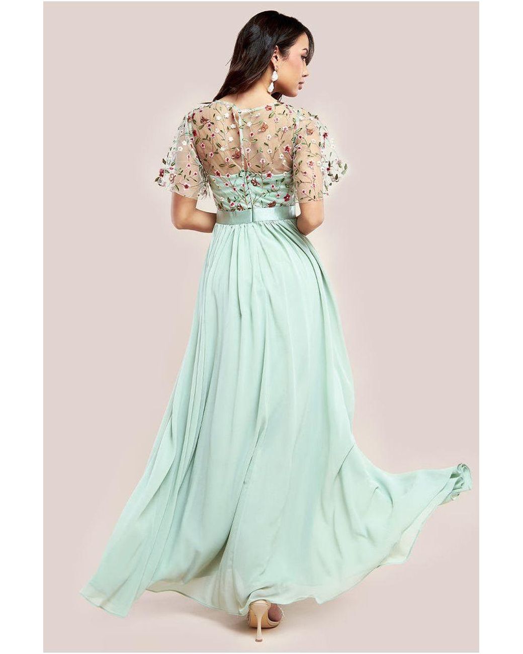 Goddiva Green Embroidered Top Flutter Sleeve Maxi