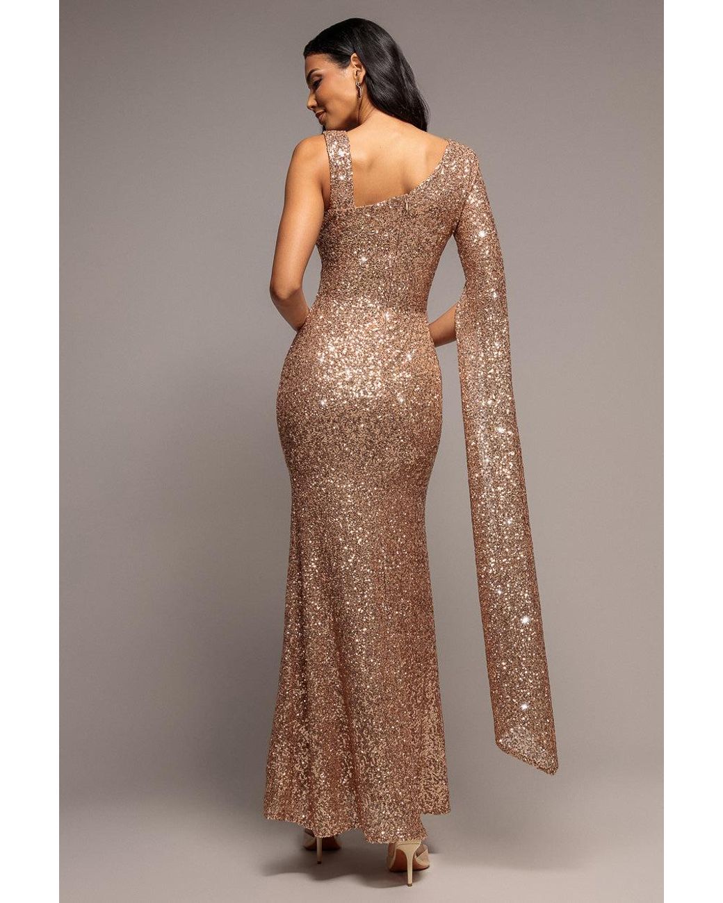 Goddiva Brown One Side Cape Sleeve Sequin Maxi Dress
