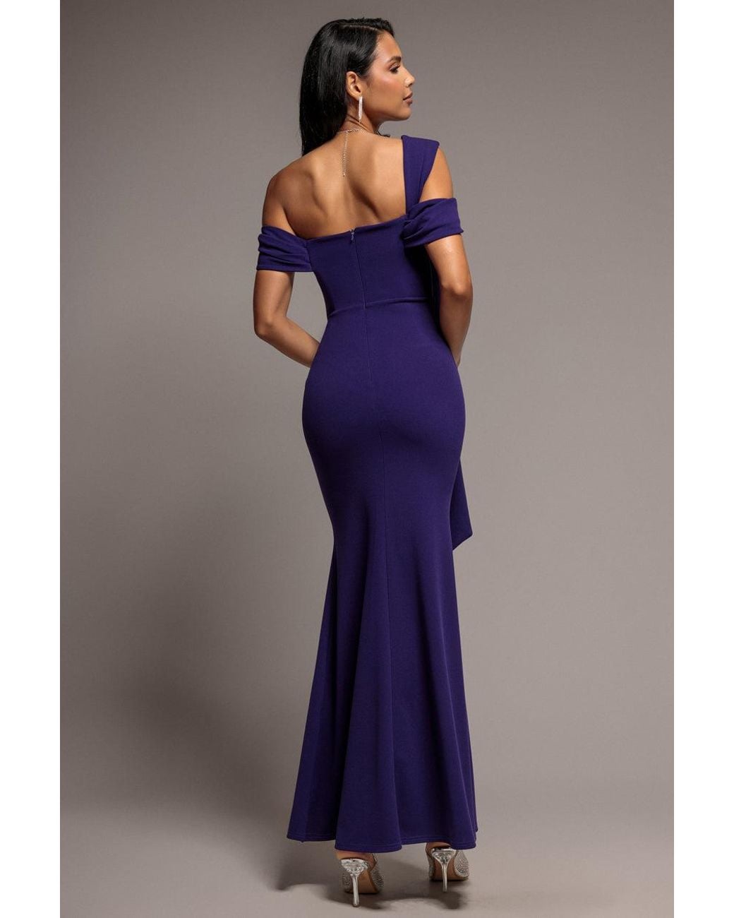 Goddiva Purple One Shoulder Twisted Bardot Asymmetric Mermaid Maxi Dress