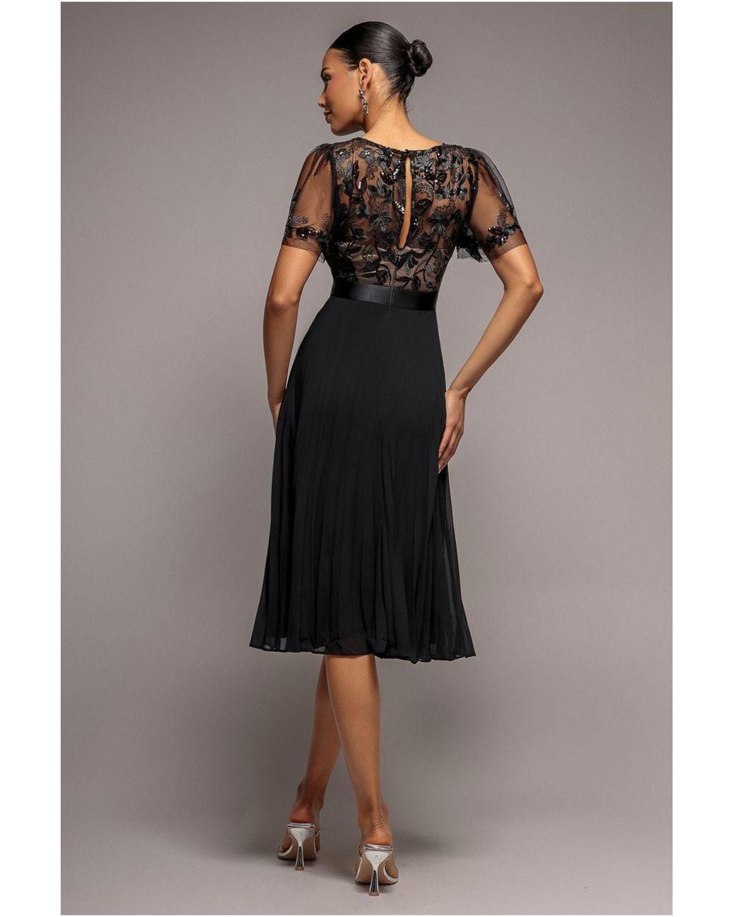 Goddiva Black Embroidered Top Chiffon Pleated Midi