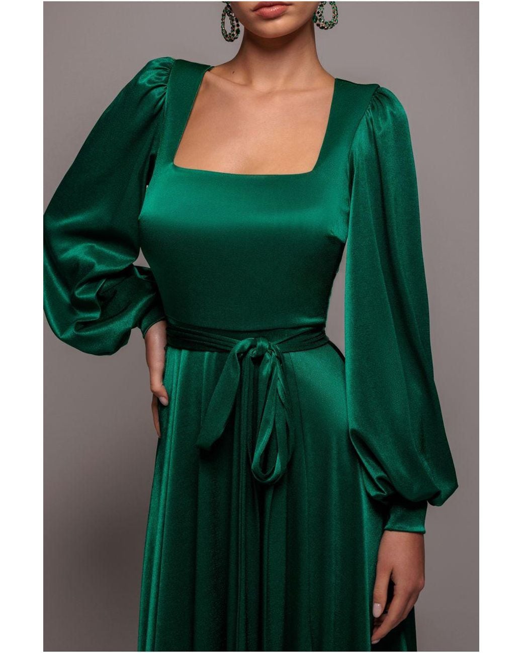 Goddiva Green Satin Square Neck Bishop Sleeve A Line Maxi Dress