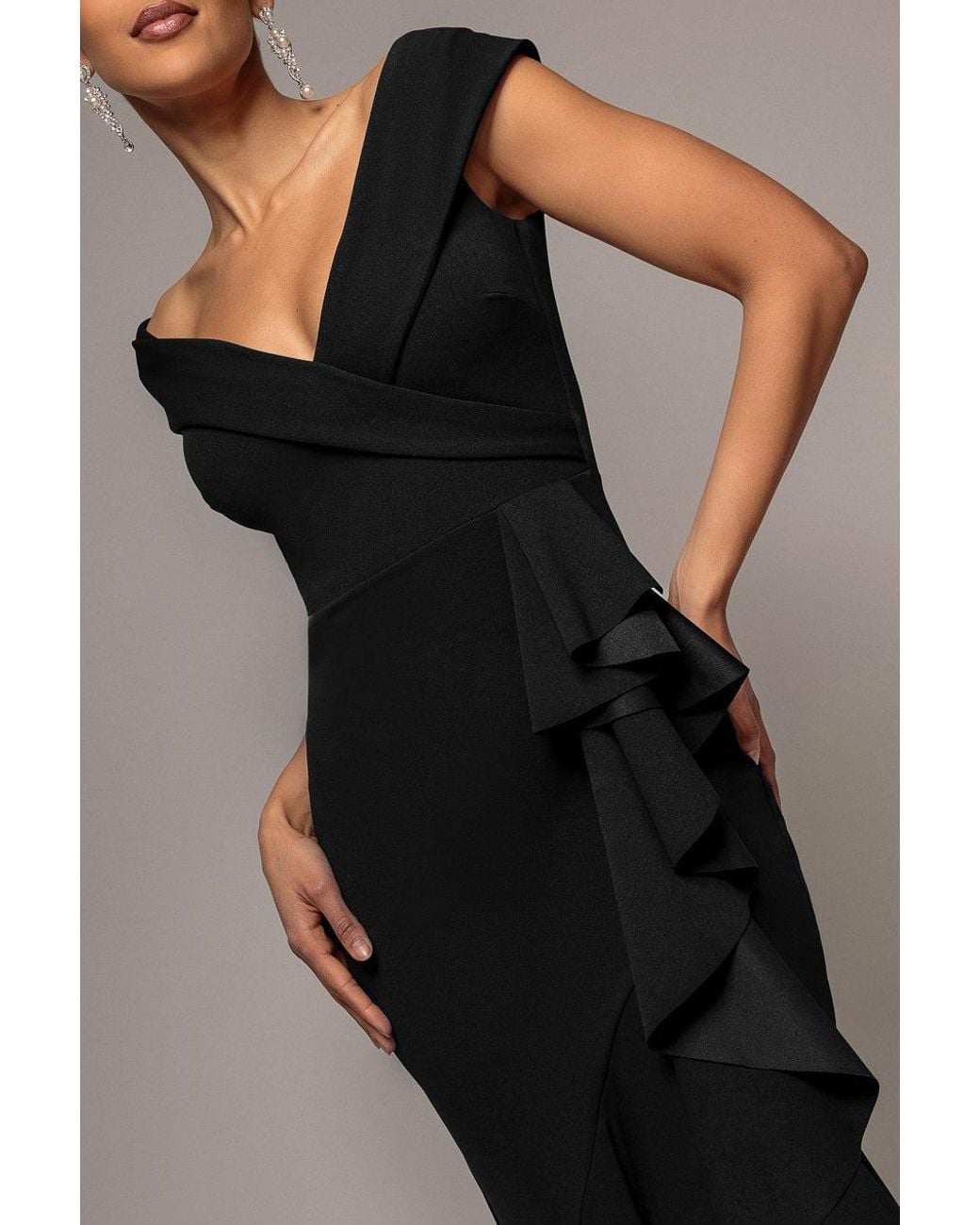 Goddiva Black Off Shoulder Front Waterfall Frill Maxi Dress